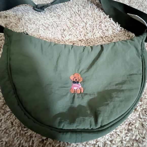 Uniqlo Round Mini Shoulder Bag Embroidered Puppy OLIVEgreen  New - Picture 2 of 3